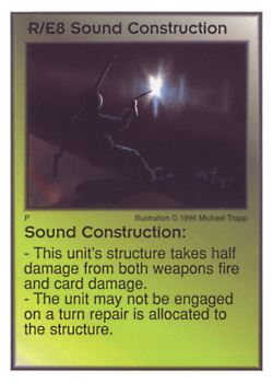 Need: 2    Want: 10    Have: 1    Will Trade: 0    In Storage: 0              R/E8 ‑ Sound Construction  Set: Per  Rarity: V1    Artist: Michael Trapp    