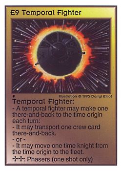 Need: 0    Want: 0    Have: 124    Will Trade: 120    In Storage: 50              E9 ‑ Temporal Fighter  Set: TG  Rarity: U1    Artist: Darryl Elliott    