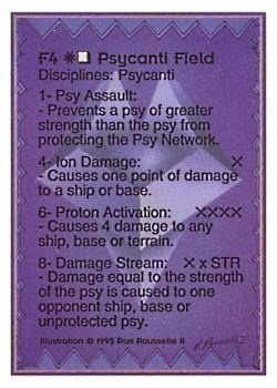 Need: 0    Want: 0    Have: 130    Will Trade: 122    In Storage: 44              F4 ‑ Psycanti Field  Set: PoM  Rarity: U1    Artist: Ron Rousselle II    