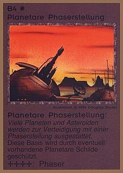Need: 0    Want: 0    Have: 77 (+161)    Will Trade: 73    In Storage: 25              B4 ‑ Planetary Phaser Base (Planetare Phaserstellung)  Set: GGB  Rarity: U1    Artist: Douglas Shuler    