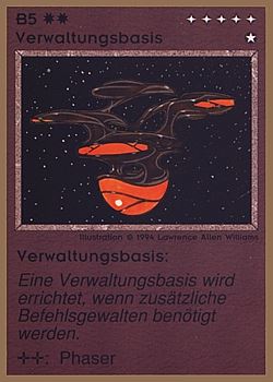 Need: 0    Want: 0    Have: 76 (+149)    Will Trade: 72    In Storage: 25              B5 ‑ Administrative Facility (Verwaltungsbasis)  Set: GGB  Rarity: U1    Artist: Lawrence Allen Williams    