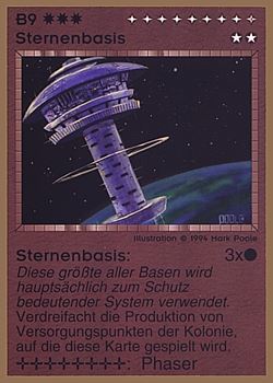 Need: 0    Want: 0    Have: 27 (+31)    Will Trade: 25    In Storage: 22              B9 ‑ Starbase (Sternenbasis)  Set: GGB  Rarity: R1    Artist: Mark Poole    