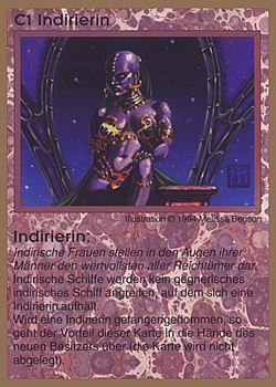 Need: 0    Want: 0    Have: 76 (+128)    Will Trade: 72    In Storage: 25              C1 ‑ Indirigan Female (Indirierin)  Set: GGB  Rarity: U1    Artist: Melissa A. Benson    