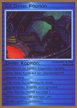 Need: 0    Want: 0    Have: 34 (+74)    Will Trade: 30    In Storage: 25              C2 ‑ Civilian Captain (Ziviler Kapitän)  Set: GGB  Rarity: C2    Artist: April Lee    