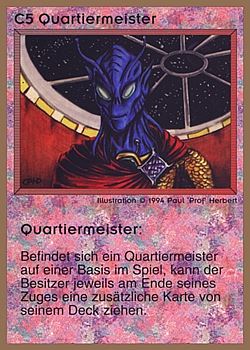 Need: 0    Want: 0    Have: 66 (+39)    Will Trade: 62    In Storage: 25              C5 ‑ Quartermaster (Quartiermeister)  Set: GGB  Rarity: U1    Artist: Paul 'Prof' Herbert    