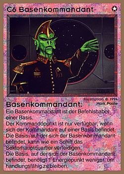 Need: 0    Want: 0    Have: 16 (+36)    Will Trade: 13    In Storage: 11              C6 ‑ Base Commander (Basenkommandant)  Set: GGB  Rarity: R1    Artist: Mark Poole    