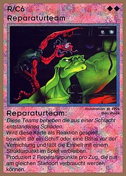 Need: 0    Want: 0    Have: 22 (+127)    Will Trade: 19    In Storage: 17              R/C6 ‑ Damage Control Team (Reparaturteam)  Set: GGB  Rarity: R1    Artist: Ben Peck    