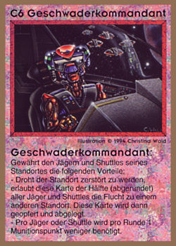Need: 0    Want: 0    Have: 19 (+114)    Will Trade: 16    In Storage: 14              C6 ‑ Squadron Commander (Geschwaderkommandant)  Set: GGB  Rarity: R1    Artist: Christina Wald    