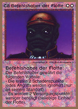 Need: 0    Want: 0    Have: 16 (+24)    Will Trade: 14    In Storage: 11              C8 ‑ Commodore (Befehlshaber der Flotte)  Set: GGB  Rarity: R1    Artist: Ron Rousselle II    