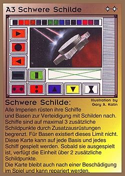 Need: 0    Want: 0    Have: 36 (+133)    Will Trade: 32    In Storage: 25              A3 ‑ Heavy Shield Refit (Schwere Schilde)  Set: GGB  Rarity: C1    Artist: Gary A. Kalin    