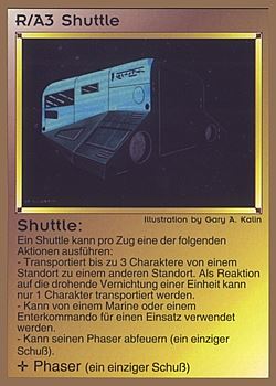 Need: 0    Want: 0    Have: 36 (+76)    Will Trade: 32    In Storage: 25              R/A3 ‑ Shuttlecraft (Shuttle)  Set: GGB  Rarity: C2    Artist: Gary A. Kalin    