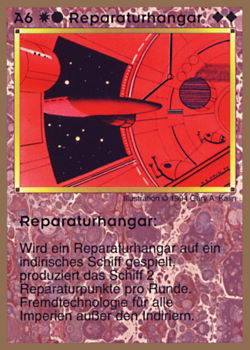 Need: 0    Want: 0    Have: 75 (+5)    Will Trade: 72    In Storage: 25              A6 ‑ Repair Bay ‑ Indirigan Repair Bay (Reparaturhangar)  Set: GGB  Rarity: U1    Artist: Gary A. Kalin    