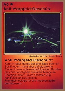 Need: 0    Want: 0    Have: 63 (+47)    Will Trade: 60    In Storage: 25              A6 ‑ Warp Field Destabilization Gun (Anti‑Warpfeld‑Geschütz)  Set: GGB  Rarity: U1    Artist: Michael Trapp    