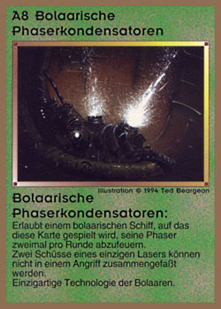 Need: 0 Want: 0 Have: 20 (+7) Will Trade: 18 In Storage: 11 A8 ‑ Bolaar Phaser Capacitors (Bolaarische Phaserkondensatoren) Set: GGB Rarity: R1 Artist: Ted Beargeon Need: 0 Want: 0 Have: 20 (+7) Will Trade: 18 In Storage: 11 A8 ‑ Bolaar Phaser Capacitors (Bolaarische Phaserkondensatoren) Set: GGB Rarity: R1 Artist: Ted Beargeon