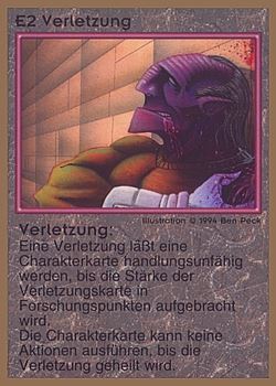 Need: 0    Want: 0    Have: 35 (+73)    Will Trade: 31    In Storage: 25              E2 ‑ Injury (Verletzung)  Set: GGB  Rarity: C2    Artist: Ben Peck    