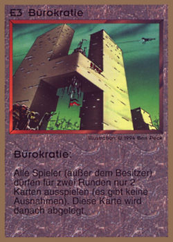 Need: 0    Want: 0    Have: 21 (+260)    Will Trade: 17    In Storage: 16              E3 ‑ Bureaucracy (Bürokratie)  Set: GGB  Rarity: R1    Artist: Ben Peck    