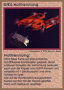 Need: 0    Want: 0    Have: 67 (+29)    Will Trade: 64    In Storage: 25              R/E6 ‑ Emergency Capsule Separation (Nottrennung)  Set: GGB  Rarity: U1    Artist: Gary A. Kalin    
