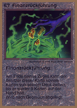 Need: 0    Want: 0    Have: 24 (+39)    Will Trade: 21    In Storage: 19              E7 ‑ Capital Revitalization (Finanzrückführung)  Set: GGB  Rarity: R1    Artist: Paul 'Prof' Herbert    