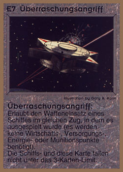 Need: 0    Want: 0    Have: 17 (+24)    Will Trade: 14    In Storage: 12              E7 ‑ Surprise Attack (Überraschungsangriff)  Set: GGB  Rarity: R1    Artist: Gary A. Kalin    