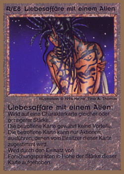 Need: 0    Want: 0    Have: 19 (+142)    Will Trade: 17    In Storage: 14              R/E8 ‑ Alien Love Interest (Liebesaffäre Mit Einem Alien)  Set: GGB  Rarity: R1    Artist: Ne'Ne Tina A. Thomas    