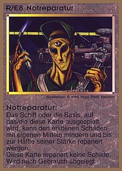 Need: 0    Want: 0    Have: 25 (+59)    Will Trade: 23    In Storage: 20              R/E8 ‑ Emergency Damage Control (Notreparatur)  Set: GGB  Rarity: R1    Artist: Paul 'Prof' Herbert    