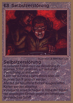 Need: 0    Want: 0    Have: 16 (+47)    Will Trade: 14    In Storage: 11              E8 ‑ Self Destruction (Selbstzerstörung)  Set: GGB  Rarity: R1    Artist: April Lee    