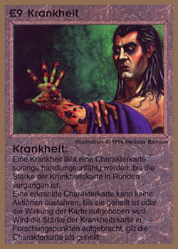 Need: 0    Want: 0    Have: 19 (+50)    Will Trade: 17    In Storage: 14              E9 ‑ Illness (Krankheit)  Set: GGB  Rarity: R1    Artist: Melissa A. Benson    
