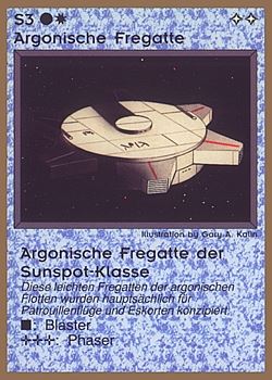 Need: 0 Want: 0 Have: 35 (+181) Will Trade: 31 In Storage: 25 S3 ‑ Argonian Frigate ‑ Argonian Sunspot Frigate (Argonische Fregatte der Sunspot‑Klasse) Set: GGB Rarity: C1 Artist: Gary A. Kalin Need: 0 Want: 0 Have: 35 (+181) Will Trade: 31 In Storage: 25 S3 ‑ Argonian Frigate ‑ Argonian Sunspot Frigate (Argonische Fregatte der Sunspot‑Klasse) Set: GGB Rarity: C1 Artist: Gary A. Kalin