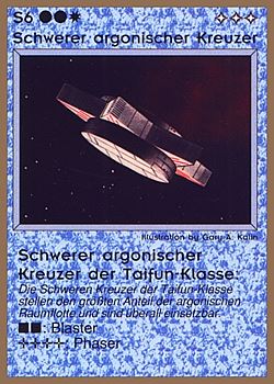 Need: 0 Want: 0 Have: 66 (+37) Will Trade: 63 In Storage: 25 S6 ‑ Argonian Heavy Cruiser ‑ Argonian Typhoon Heavy Cruiser (Schwerer Argonischer Kreuzer der Taifun‑Klasse) Set: GGB Rarity: U1 Artist: Gary A. Kalin Need: 0 Want: 0 Have: 66 (+37) Will Trade: 63 In Storage: 25 S6 ‑ Argonian Heavy Cruiser ‑ Argonian Typhoon Heavy Cruiser (Schwerer Argonischer Kreuzer der Taifun‑Klasse) Set: GGB Rarity: U1 Artist: Gary A. Kalin