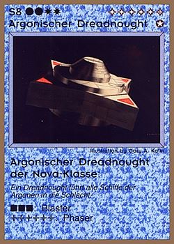 Need: 0 Want: 0 Have: 19 (+41) Will Trade: 17 In Storage: 14 S8 ‑ Argonian Dreadnought ‑ Argonian Nova Dreadnought (Argonischer Dreadnought der Nova‑Klasse) Set: GGB Rarity: R1 Artist: Gary A. Kalin Need: 0 Want: 0 Have: 19 (+41) Will Trade: 17 In Storage: 14 S8 ‑ Argonian Dreadnought ‑ Argonian Nova Dreadnought (Argonischer Dreadnought der Nova‑Klasse) Set: GGB Rarity: R1 Artist: Gary A. Kalin