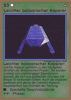 Need: 0    Want: 0    Have: 46 (+44)    Will Trade: 42    In Storage: 25              S3 ‑ Bolaar Light Pirate Raider (Leichter Bolaarischer Kaperer)  Set: GGB  Rarity: C2    Artist: Gary A. Kalin    