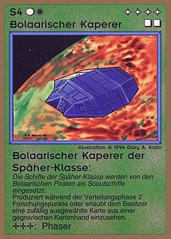 Need: 0    Want: 0    Have: 78 (+60)    Will Trade: 74    In Storage: 25              S4 ‑ Bolaar Stealth Raider (Bolaarischer Kaperer der Späher‑Klasse)  Set: GGB  Rarity: U1    Artist: Gary A. Kalin    