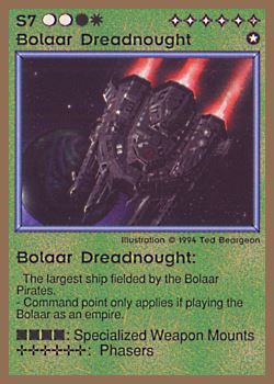 Need: 0    Want: 0    Have: 8 (+14)    Will Trade: 5    In Storage: 1              S7 ‑ Bolaar Dreadnought (Bolaarischer Dreadnought)  Set: GGB  Rarity: R1    Artist: Ted Beargeon    