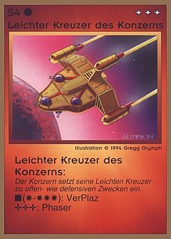Need: 0    Want: 0    Have: 41 (+130)    Will Trade: 37    In Storage: 25              S4 ‑ Corporate Light Cruiser (Leichter Kreuzer des Konzerns)  Set: GGB  Rarity: C2    Artist: Gregg Glymph    