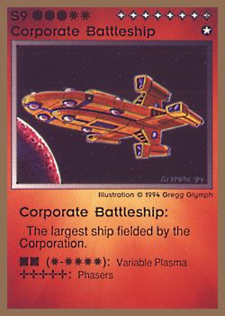 Need: 0    Want: 0    Have: 25 (+43)    Will Trade: 23    In Storage: 20              S9 ‑ Corporate Battleship (Schlachtschiff des Konzerns)  Set: GGB  Rarity: R1    Artist: Gregg Glymph    