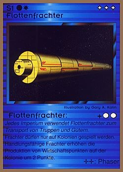 Need: 0    Want: 0    Have: 37 (+331)    Will Trade: 33    In Storage: 25              S1 ‑ Fleet Freighter (Flottenfrachter)  Set: GGB  Rarity: C1    Artist: Gary A. Kalin    