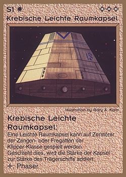 Need: 0    Want: 0    Have: 38 (+27)    Will Trade: 34    In Storage: 25              S1 ‑ Krebiz Light Capsule (Krebische Leichte Raumkapsel)  Set: GGB  Rarity: C1    Artist: Gary A. Kalin    