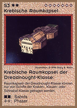 Need: 0    Want: 0    Have: 14 (+30)    Will Trade: 10    In Storage: 9              S3 ‑ Krebiz Dreadnought Capsule (Krebische Raumkapsel der Dreadnought‑Klasse)  Set: GGB  Rarity: R1    Artist: Gary A. Kalin    