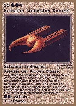Need: 0    Want: 0    Have: 79 (+34)    Will Trade: 75    In Storage: 25              S5 ‑ Krebiz Claw Heavy Cruiser (Schwerer Krebischer Kruezer der Kauen‑Klasse)  Set: GGB  Rarity: U1    Artist: Gary A. Kalin    