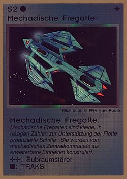 Need: 0    Want: 0    Have: 35 (+38)    Will Trade: 31    In Storage: 25              S2 ‑ Mechad Frigate (Mechadische Fregatte)  Set: GGB  Rarity: C2    Artist: Mark Poole    