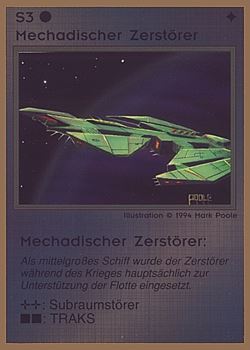 Need: 0    Want: 0    Have: 40 (+168)    Will Trade: 36    In Storage: 25              S3 ‑ Mechad Destroyer (Mechadischer Zerstörer)  Set: GGB  Rarity: C2    Artist: Mark Poole    