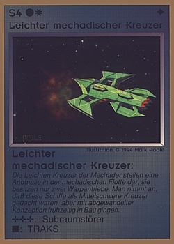 Need: 0    Want: 0    Have: 41 (+39)    Will Trade: 37    In Storage: 25              S4 ‑ Mechad Light Cruiser (Leichter Mechadischer Kreuzer)  Set: GGB  Rarity: C2    Artist: Mark Poole    