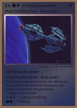 Need: 0    Want: 0    Have: 39 (+101)    Will Trade: 35    In Storage: 25              S4 ‑ Mechad Medium Cruiser (Mittelschwerer Mechadischer Kreuzer)  Set: GGB  Rarity: C2    Artist: Mark Poole    