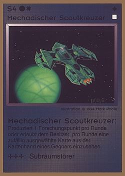 Need: 0    Want: 0    Have: 35 (+107)    Will Trade: 31    In Storage: 25              S4 ‑ Mechad Scout Cruiser (Mechadischer Scoutkreuzer)  Set: GGB  Rarity: C2    Artist: Mark Poole    