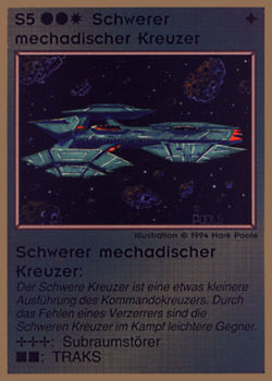 Need: 0    Want: 0    Have: 59 (+135)    Will Trade: 55    In Storage: 25              S5 ‑ Mechad Heavy Cruiser (Schwerer Mechadischer Kreuzer)  Set: GGB  Rarity: U1    Artist: Mark Poole    