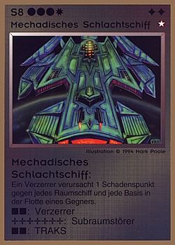 Need: 0    Want: 0    Have: 18 (+44)    Will Trade: 16    In Storage: 13              S8 ‑ Mechad Battleship (Mechadischer Schlachtschiff)  Set: GGB  Rarity: R1    Artist: Mark Poole    