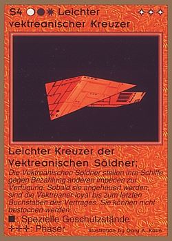 Need: 0    Want: 0    Have: 41 (+129)    Will Trade: 37    In Storage: 25              S4 ‑ Vektrean Light Cruiser (Leichter Vektreanischer Kreuzer)  Set: GGB  Rarity: C2    Artist: Gary A. Kalin    