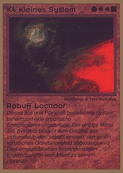 Need: 0    Want: 0    Have: 35 (+204)    Will Trade: 31    In Storage: 25              K4 ‑ Small System ‑ Rabuff Locttoor (Kleines System ‑ Rabuff Locttoor)  Set: GGB  Rarity: C1    Artist: Beth Fay    