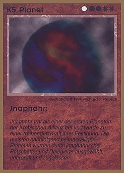 Need: 0    Want: 0    Have: 43 (+66)    Will Trade: 39    In Storage: 25              K5 ‑ Planet ‑ Jnaphahr  Set: GGB  Rarity: C2    Artist: Richard J. Rausch    