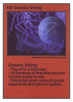 Need: 0    Want: 0    Have: 165    Will Trade: 157    In Storage: 50              H5 ‑ Cosmic String  Set: PoM  Rarity: R1    Artist: Michael Trapp    